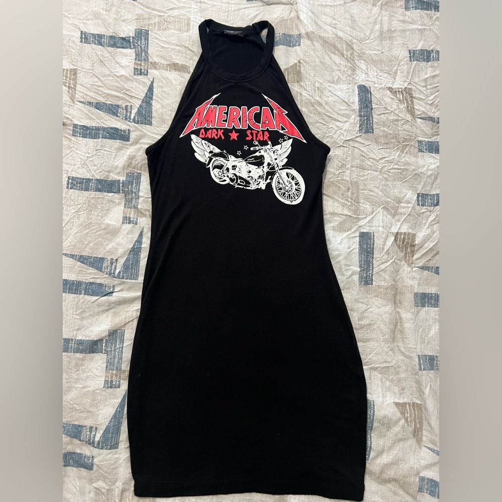 Black Graphic Racerback Dress with 'America' Motorcycle Print